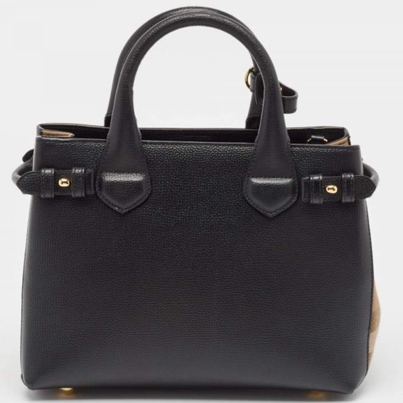 Burberry Black/Beige Leather and House Check Fabric Small Banner Tote - Picture 2 of 11